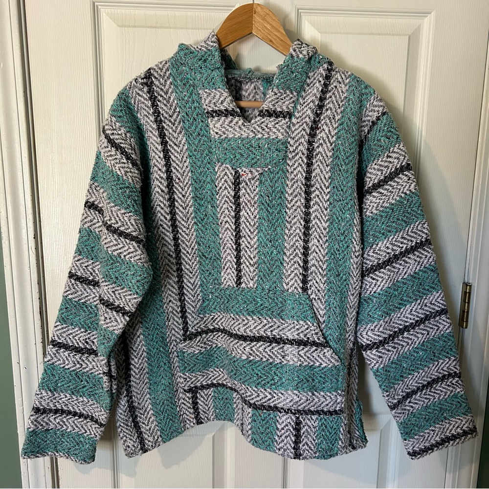 Baja Joe Mexican Hoodie Drug Rug Woven Sweater in Teal, Black & White | Size L